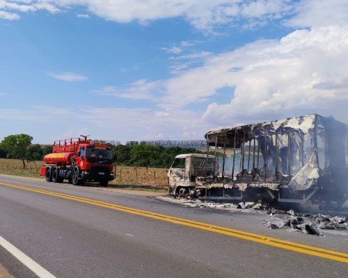 Corpo de Bombeiros combate incêndio em caminhão e em área de vegetação