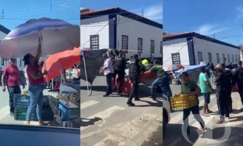 Fiscalização no Centro faz ambulantes correrem contra o tempo para salvar mercadorias em Cuiabá