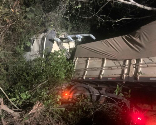 Bombeiros combatem incêndio em vegetação causado por colisão de carreta