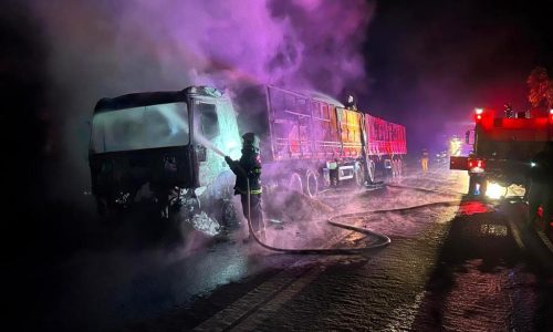 Incêndio destrói cavalo mecânico de carreta com soja na BR-364 em MT